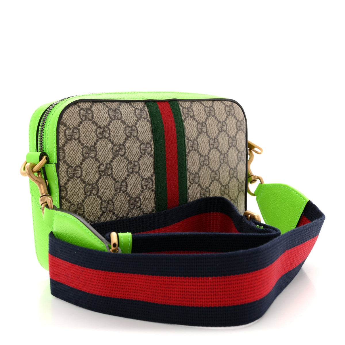 GG Supreme Monogram Textured Dollar Calfskin Web Ophidia Wristlet Shoulder Bag Beige Ebony Green