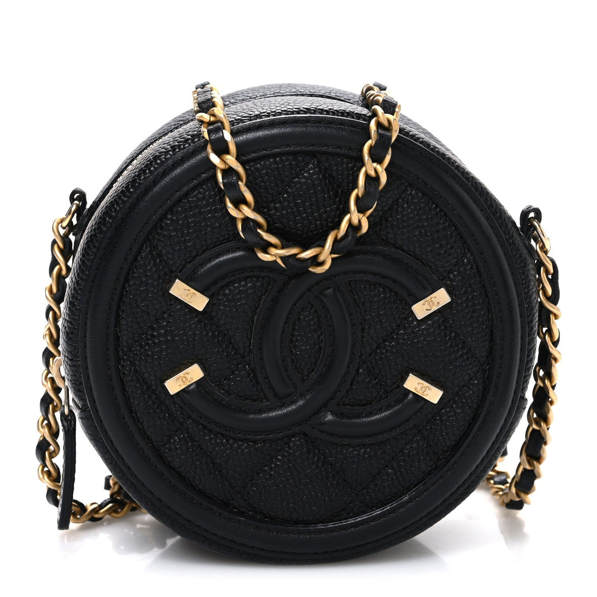 Caviar Quilted Round Filigree Crossbody Black