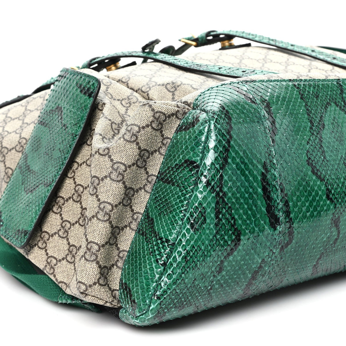 GG Supreme Monogram Snakeskin Ophidia Double Buckle Backpack Brown Green
