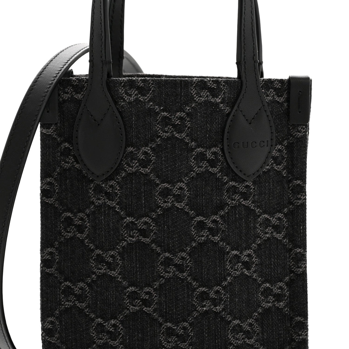 Denim Cuoio Harness GG Monogram Mini Ophidia Tote Bag Black Medium Grey