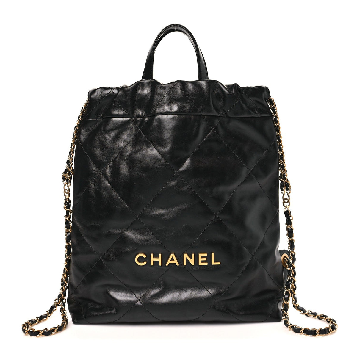 Shiny Calfskin Quilted Chanel 22 Backpack Black