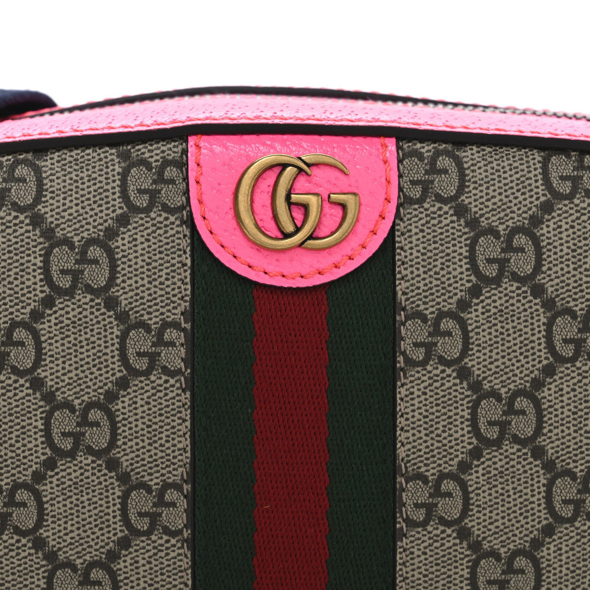 GG Supreme Monogram Textured Dollar Calfskin Web Ophidia Small Crossbody Bag Beige Ebony Fuchsia