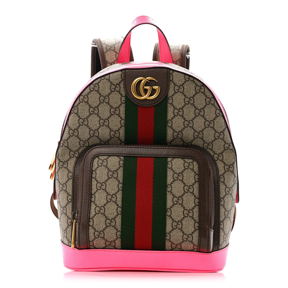 GG Supreme Monogram Textured Dollar Calfskin Web Small Ophidia Day Backpack Beige Ebony Fluorescent Fuchsia
