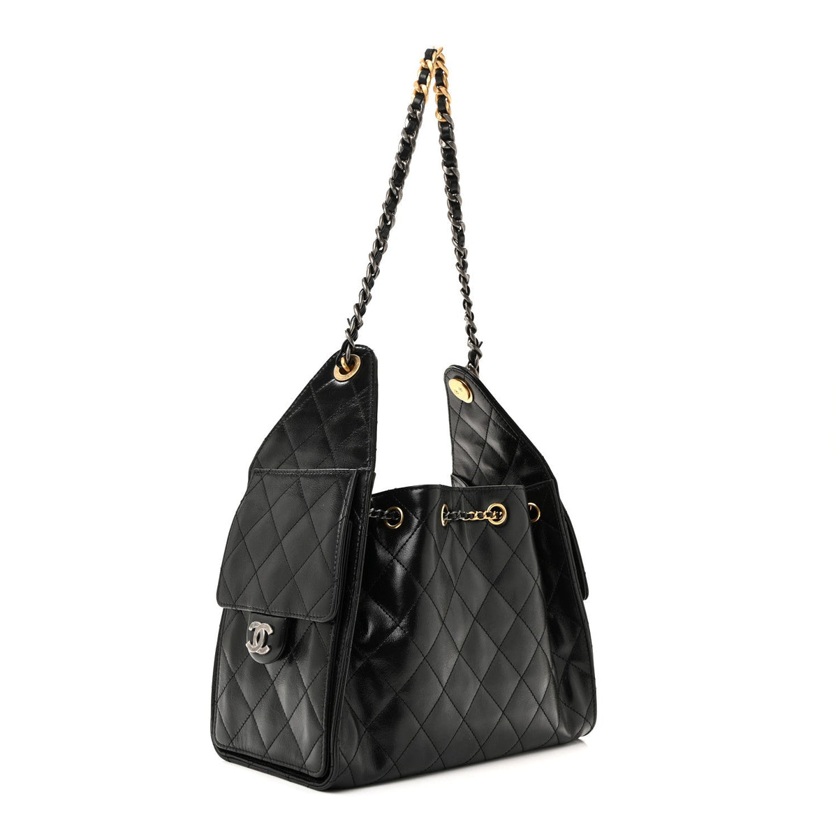 Shiny Crumpled Calfskin Quilted Small Chanel 25 Handbag Black